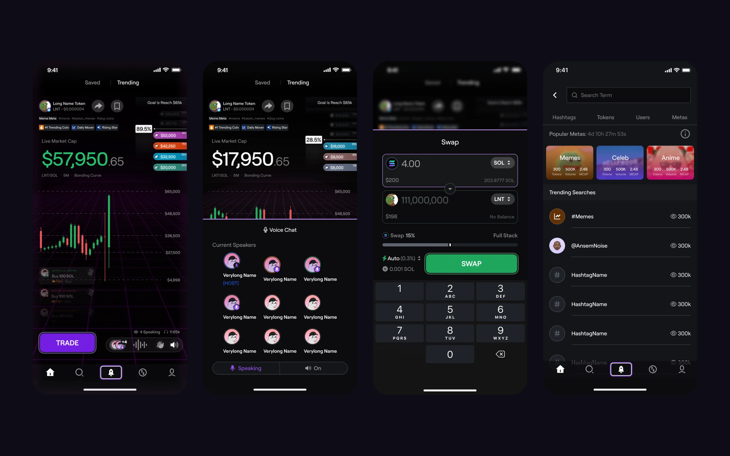 Four DMZ app screens: a token feed with live market cap, voice chat, the swap screen and discover